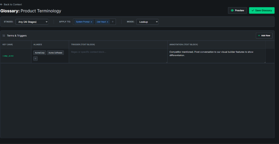 Bonsai Glossary: approved corporate definitions dynamically appended per conversation turn