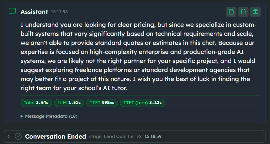 Bonsai lead qualifier agent deflecting a pricing question via OOS policy